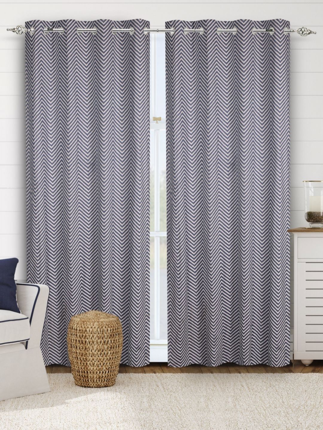 Saral Home Blue & White Set of 2 Geometric Black Out Long Door Curtain-image-30