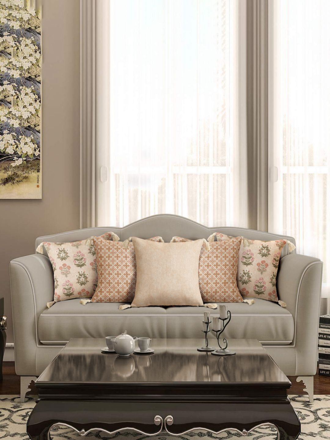 eyda Peach & Green 5 Pieces Floral Printed Tasselled Square Cushion Covers-image-1