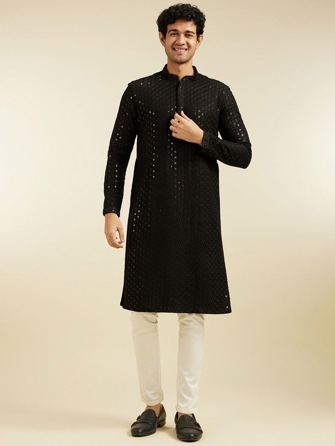 Diwas by Manyavar Geometric Chikankari Embroidered & Sequinned Mandarin Collar Kurta-picture-36