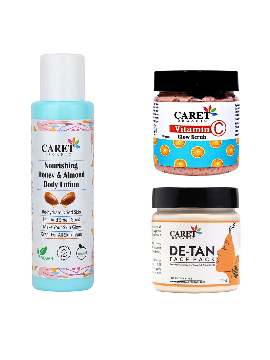 CARET ORGANIC Honey & Almond Body Lotion, Vitamin C Glow Scrub & De-Tan Face Pack-image-21
