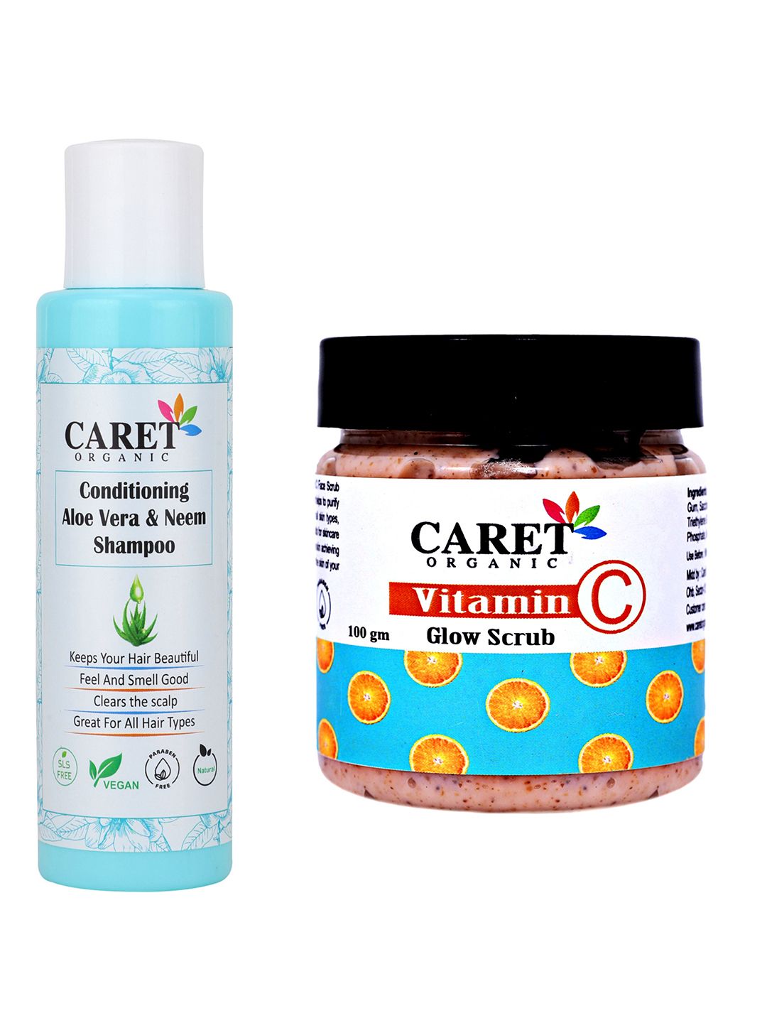 CARET ORGANIC Aloe vera & Neem Shampoo & Vitamin C Glow Scrub Combo-100 g Each-image-20