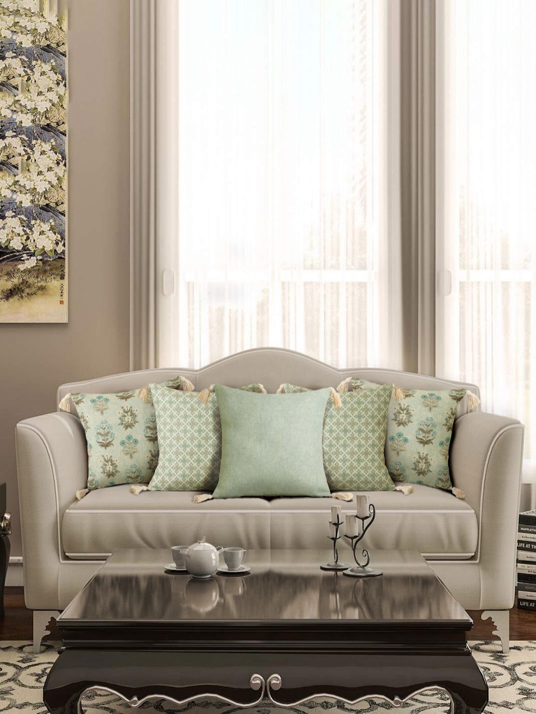 eyda Green & Beige 5 Pieces Bohemain Printed Cushion Covers-image-37
