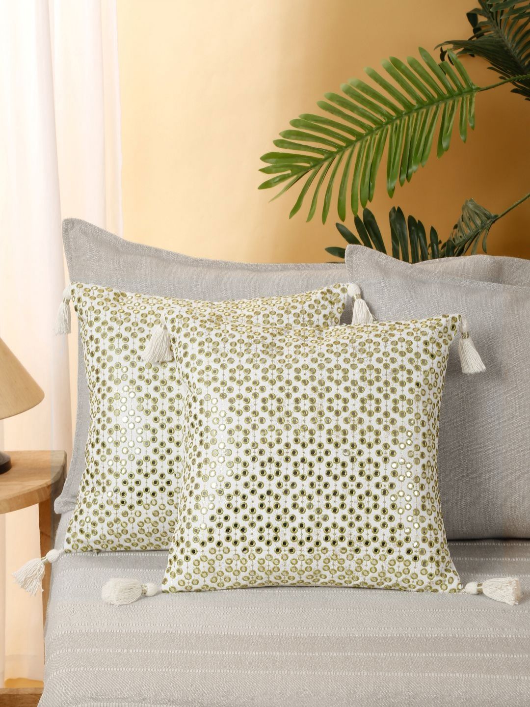 eyda Green & white 2 Pieces Mirror Work Cushion Covers-picture-20