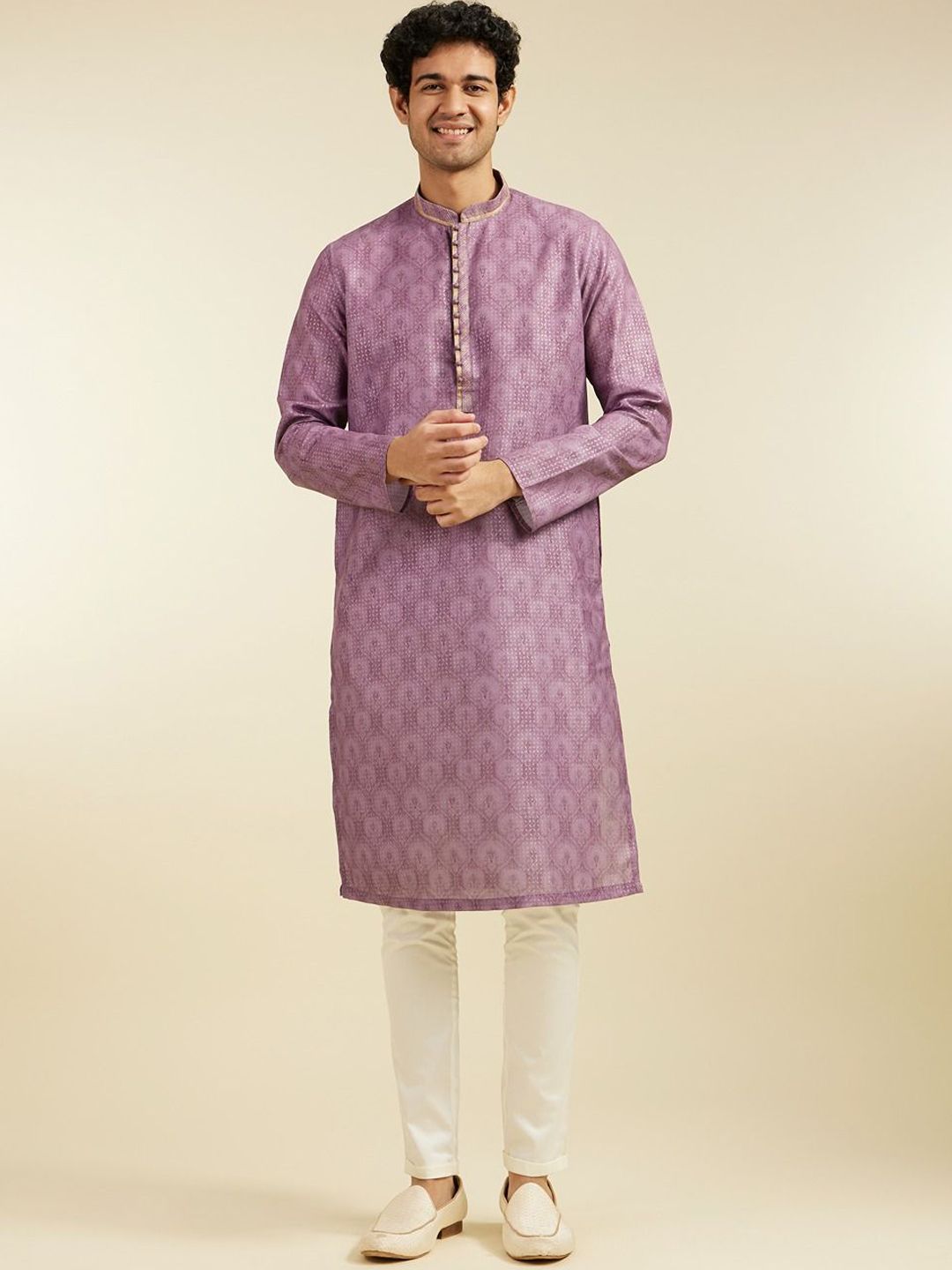 Diwas by Manyavar Ethnic Motifs Printed Thread Work Mandarin Collar Straight Kurta-picture-12