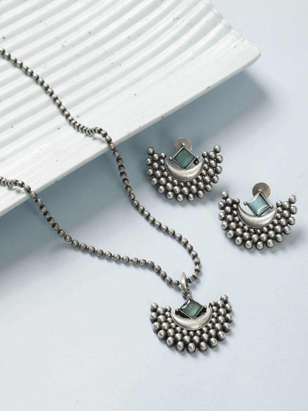 VIVAZS Silver-Plated Stone Studded Oxidized Jewellery Set-picture-22