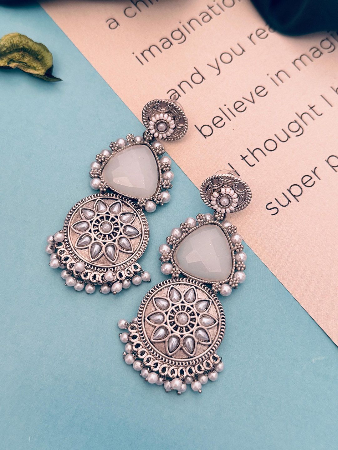 Sangria Silver Plated Stone Studded & Beaded Drop Earrings-picture-49