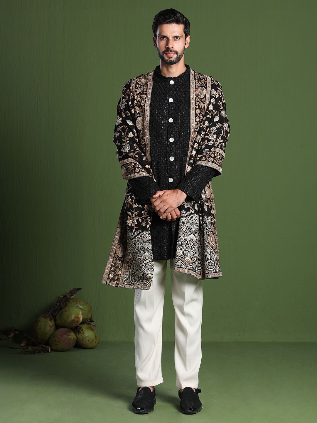 KALPRAAG Men Ethnic Motifs Embroidered Regular Sequinned Kurta with Trousers & With Dupatta-image-14