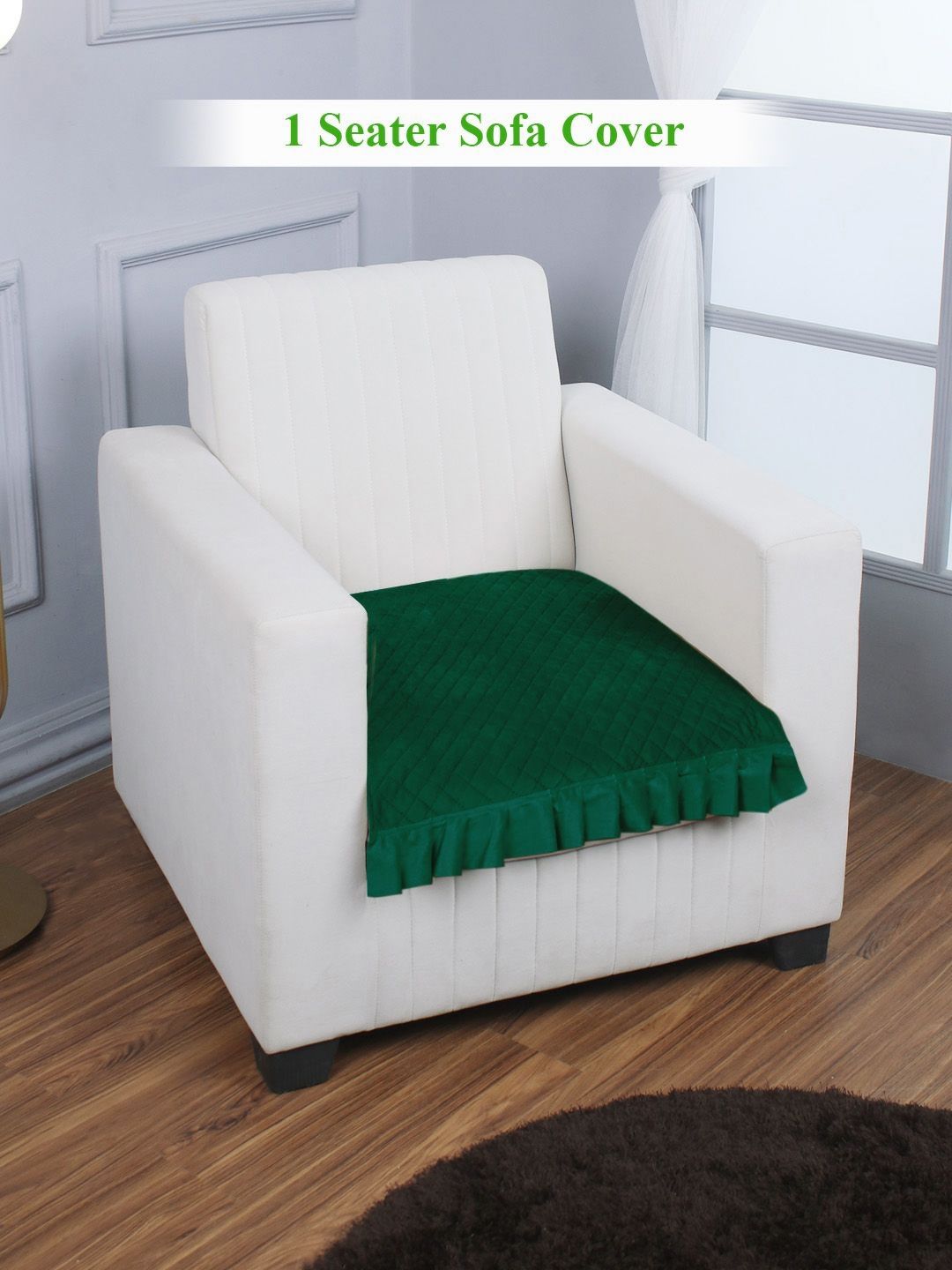 HOKIPO Green Self Design Holland Velvet 1 Seater Sofa Cover-picture-20