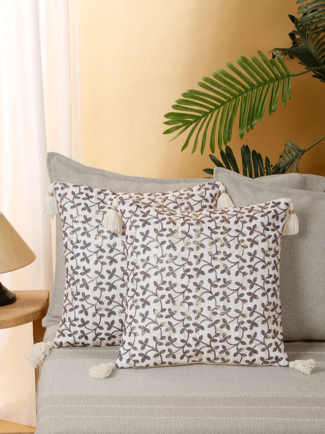 eyda Grey & White 2 Pieces Floral Embroidered Cushion Covers-image-2