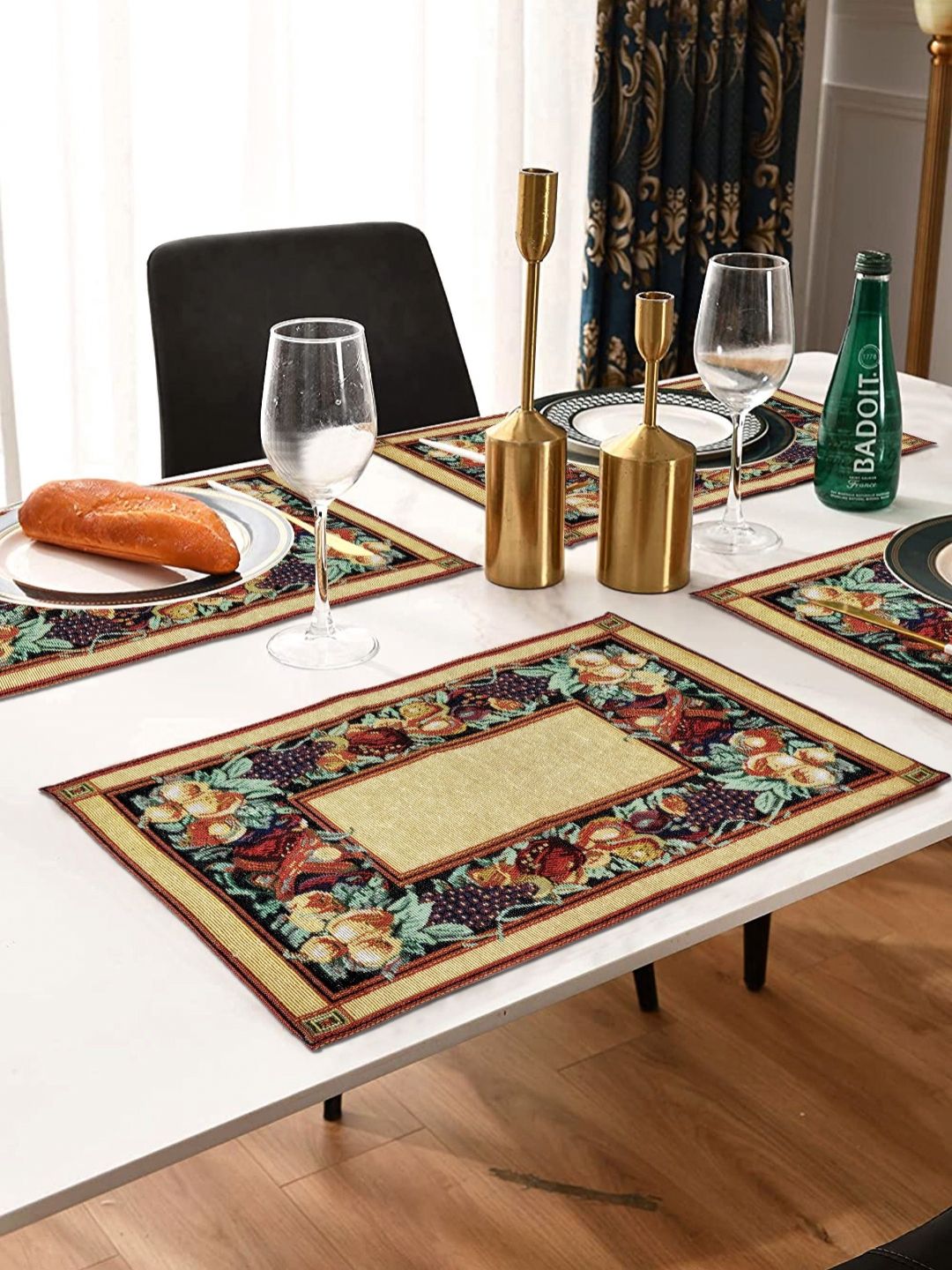 ANA 4Pcs Yellow & Green Jacquard Woven Floral Table Placemats