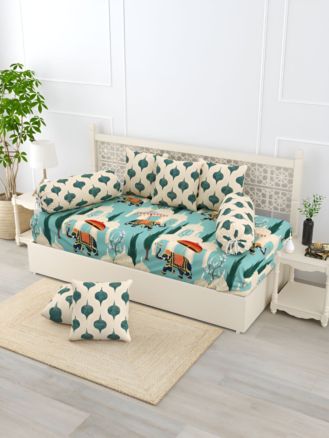 EverHOME 8-Pcs Green & Blue Printed Cotton Diwan Set-image-16