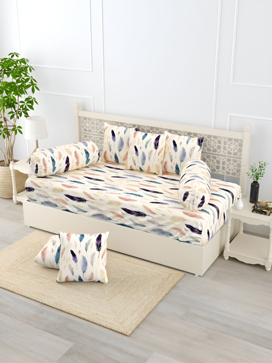 EverHOME Beige & Blue 8 Pieces Feather Printed Pure Cotton Diwan Set-picture-16