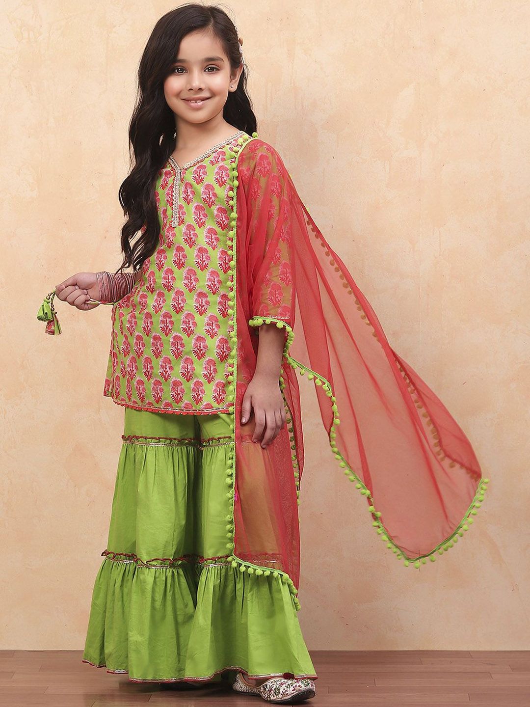 Biba Girls Floral Printed Gotta Patti Pure Cotton Straight Kurti with Sharara & Dupatta-picture-49
