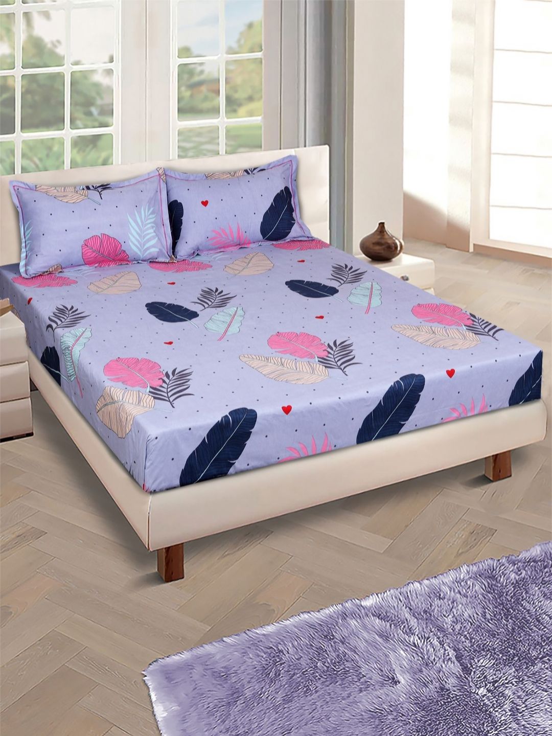 Myntra Elegant Homes Grey & Pink Floral Microfiber 160TC Queen Bedsheet & 2 Pillow Covers-picture-37