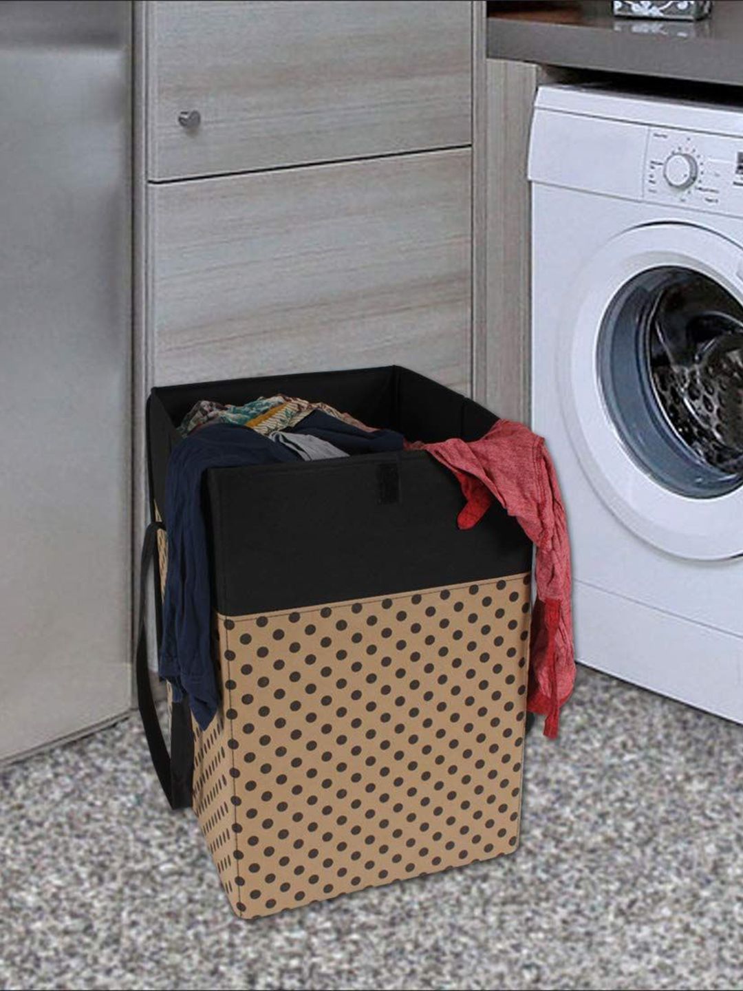 prettykrafts Beige Colored & Black Printed Foldable Laundry Bag With Lid- 75l-picture-23