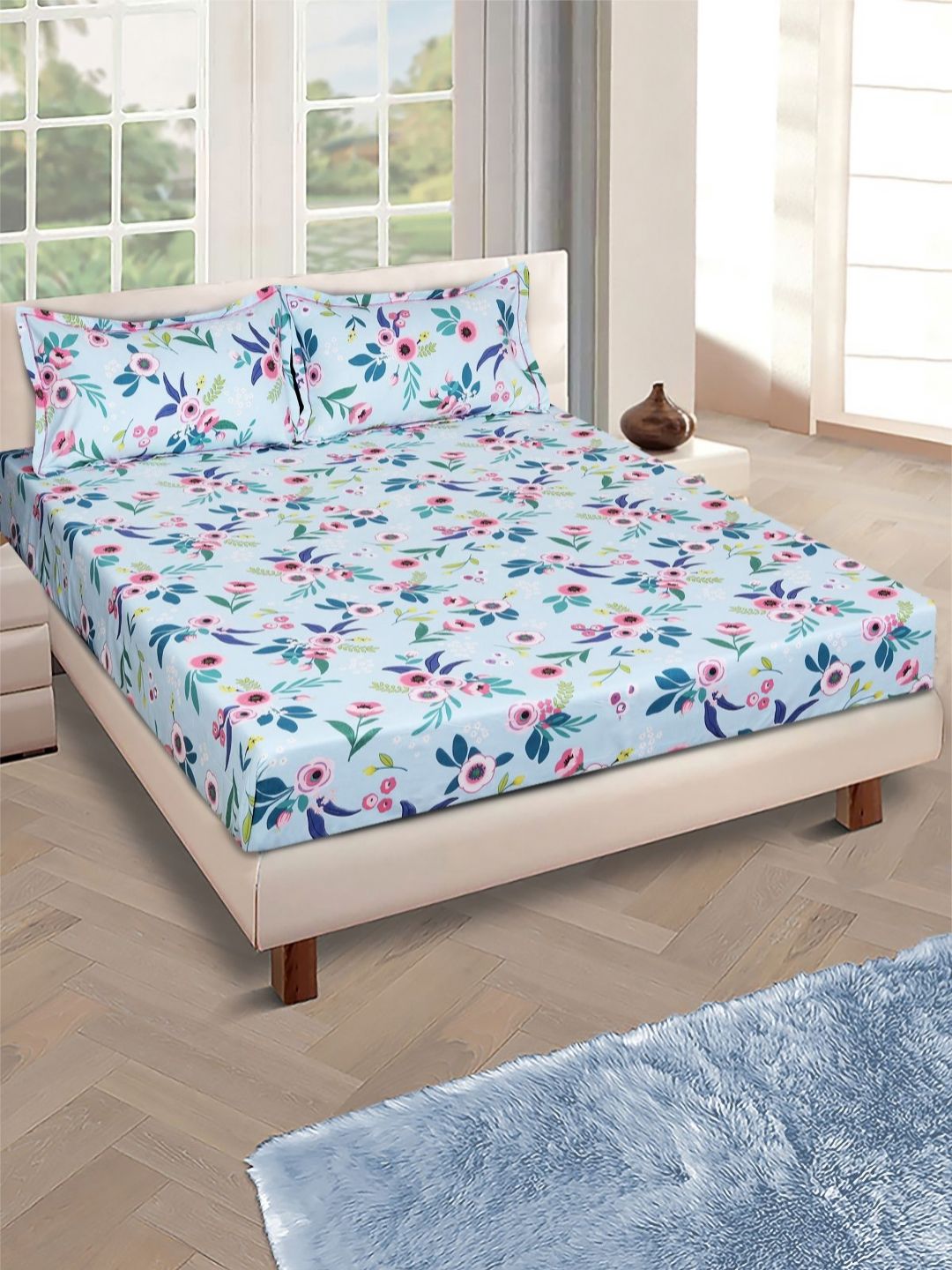 Myntra Elegant Homes Blue & Pink Floral 144 TC Queen Bedsheet with 2 Pillow Covers-picture-34