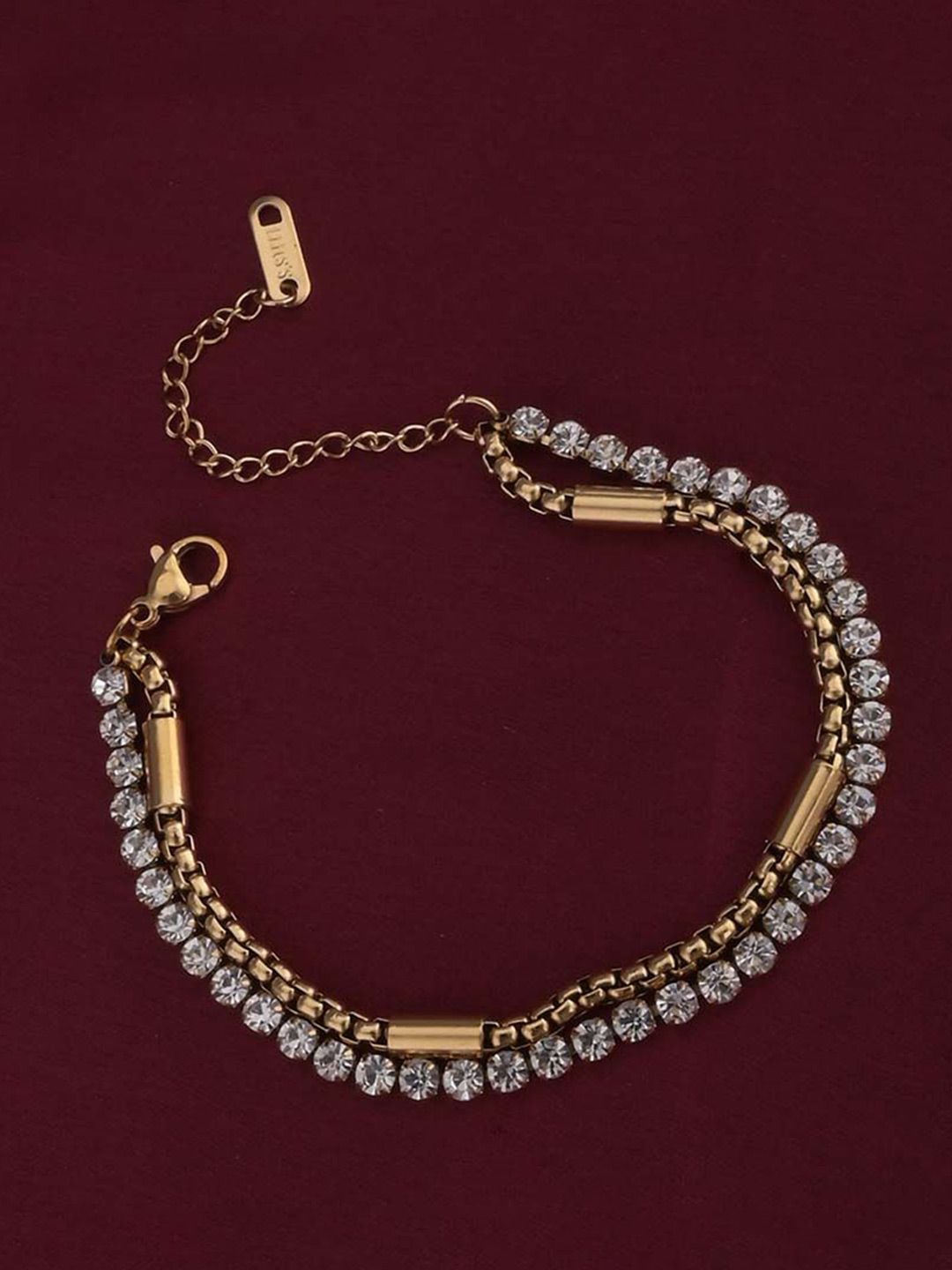 PALMONAS Stainless Steel Gold Plated Stones Studded Double Layered Wraparound Bracelet