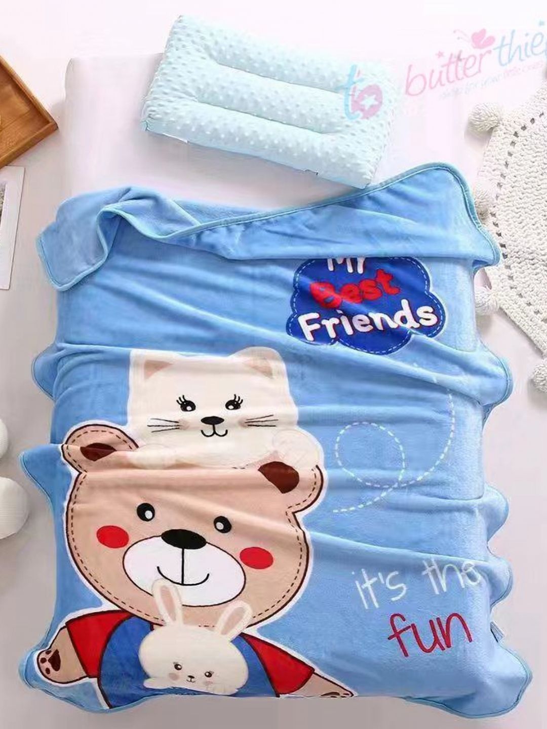 Butterthief Blue & Brown Cartoon Characters AC Room 210 GSM Single Bed Blanket-picture-39