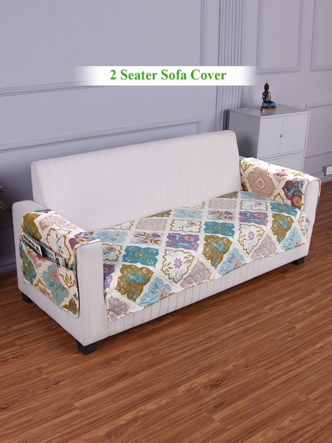 HOKIPO Off White & Blue Printed 2 Seater Sofa Seat Mat & 2 Armrest Covers with Pockets-picture-38