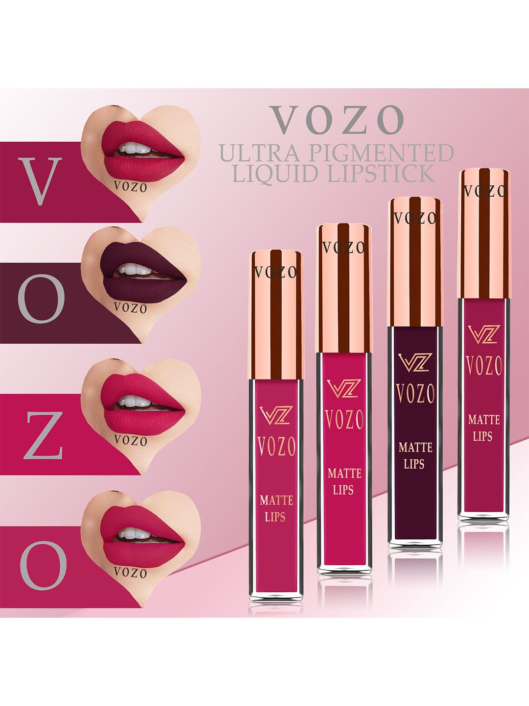VOZO Set Of 4 Matte Lips Liquid Lipstick- Cherry Red 101-Wine 102-Magenta 105- Magenta 204-picture-38
