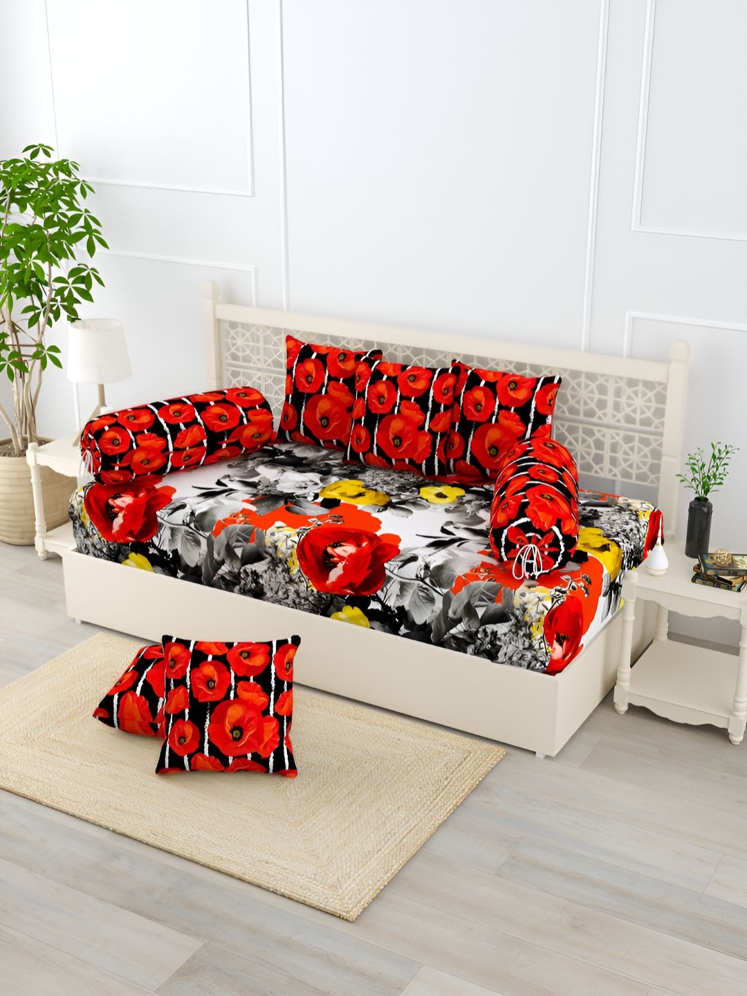 everhome EverHOMEBlack & Red 8 Pieces Floral Printed Pure Cotton Diwan Set-picture-10