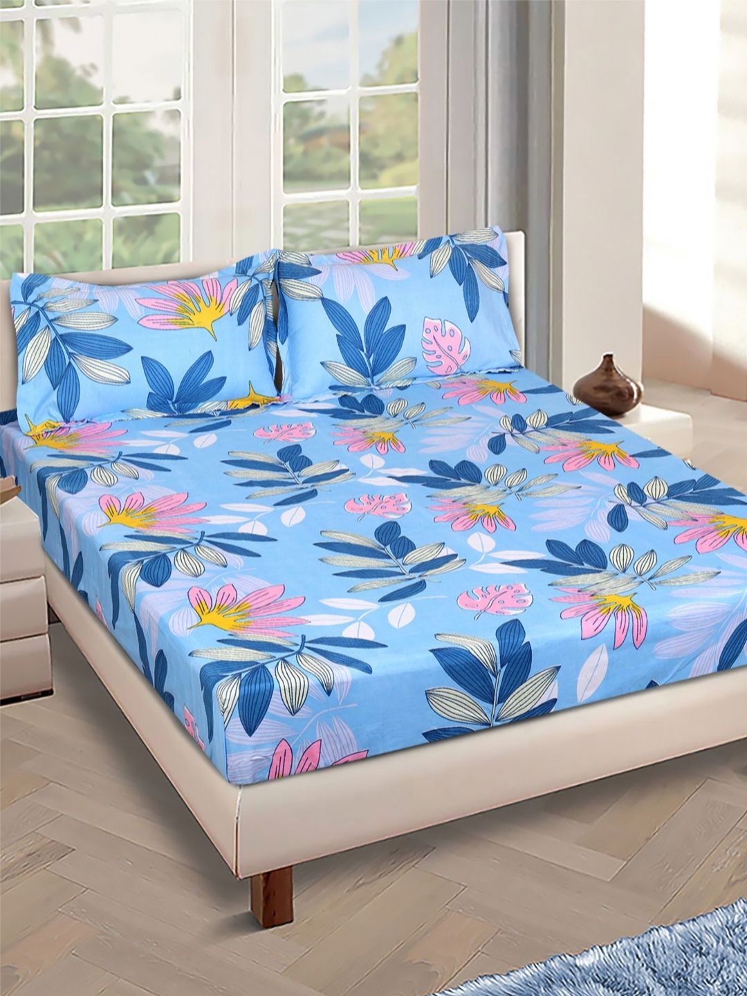 Myntra Elegant Homes Blue Floral 160 TC Microfiber Queen Bedsheet with 2 Pillow Covers-picture-36
