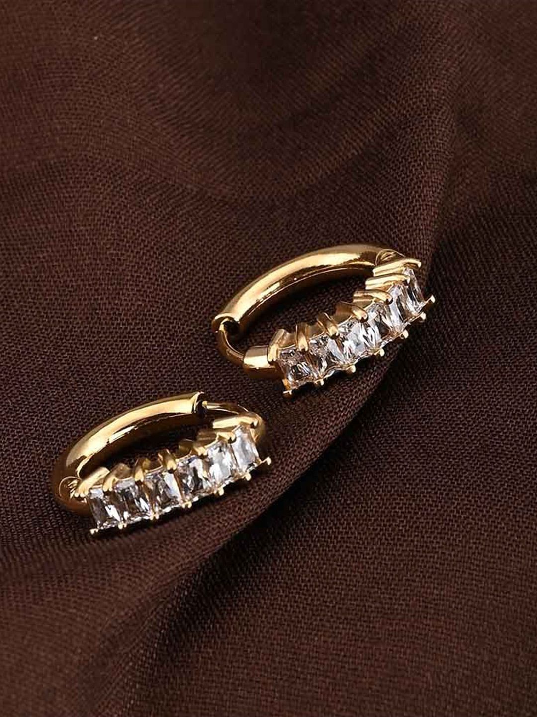 PALMONAS Stainless Steel Gold Plated Stone Studded Circular Hoop Earrings-picture-42