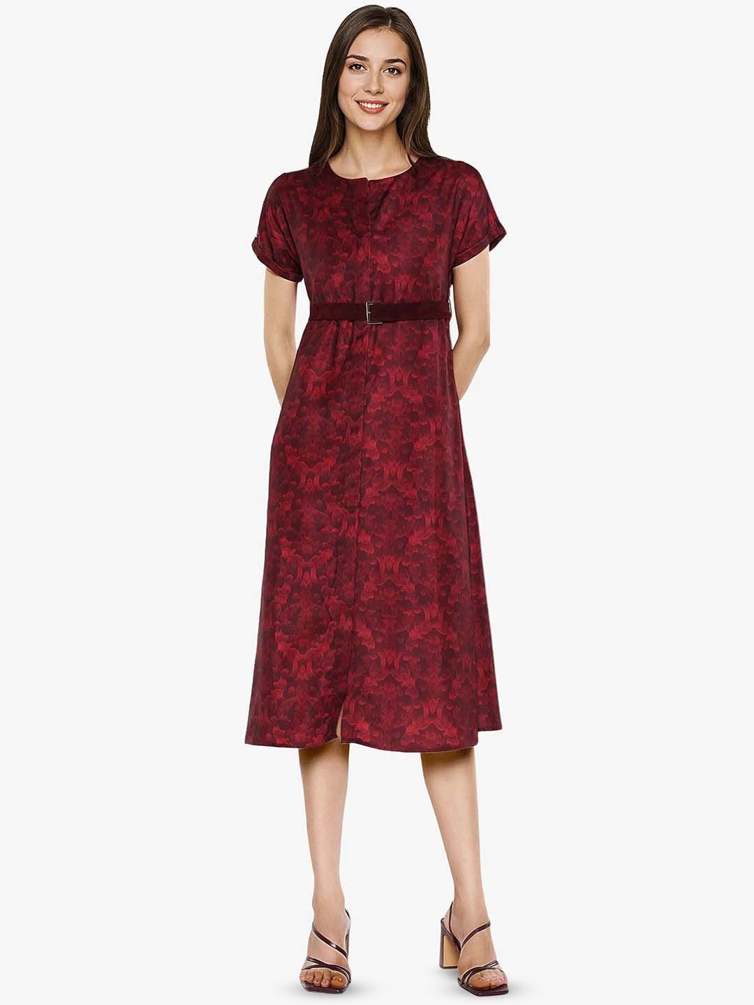 Brown Solid Belted A-Line Midi Dress