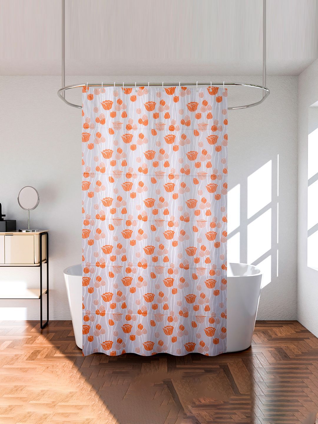 Kuber Industries Orange & Transparent 3 Pieces Floral Printed Shower Curtain With Rings-picture-38