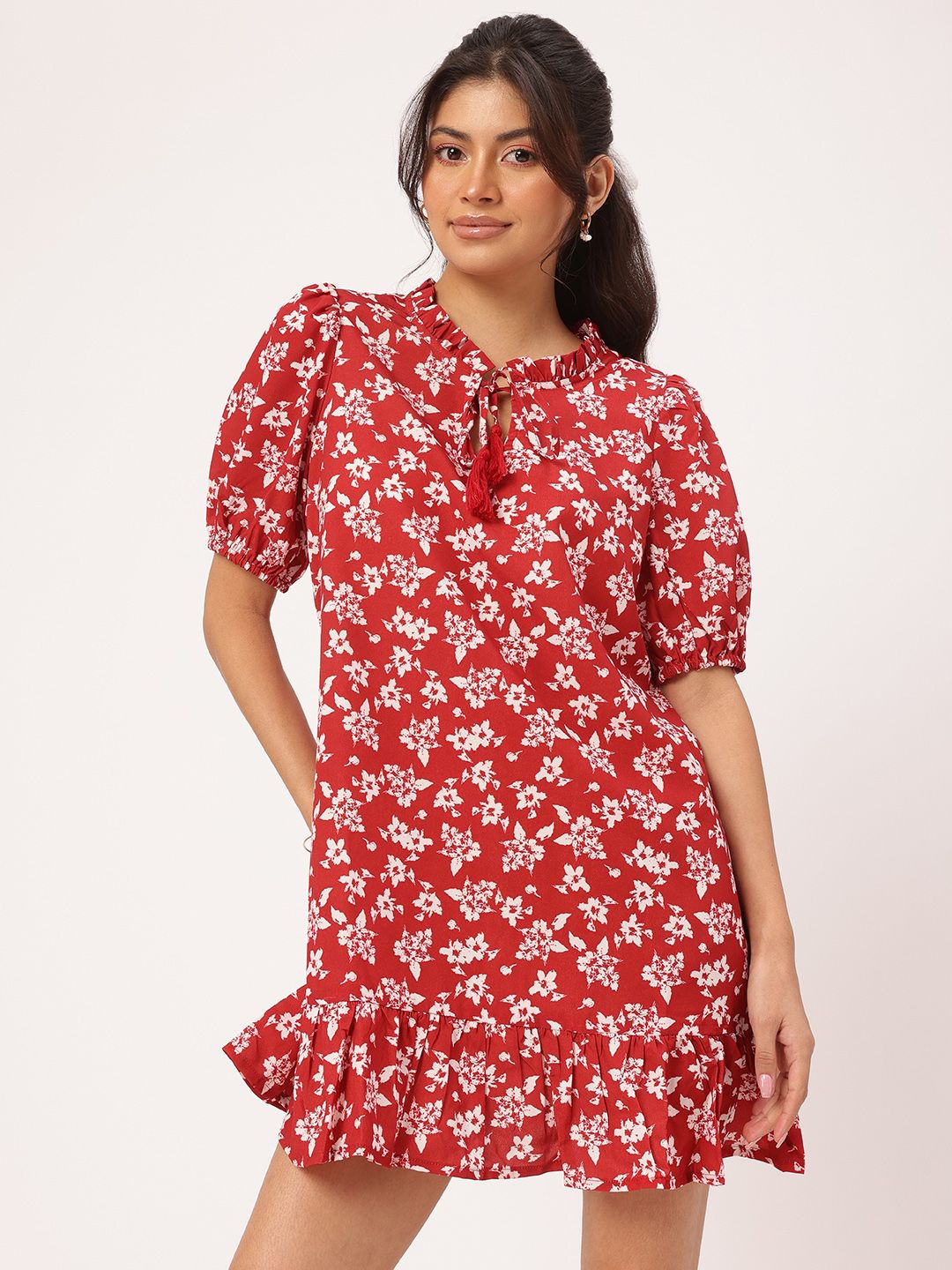 DressBerry Floral Print Tie-Up Neck Mini Sheath Dress