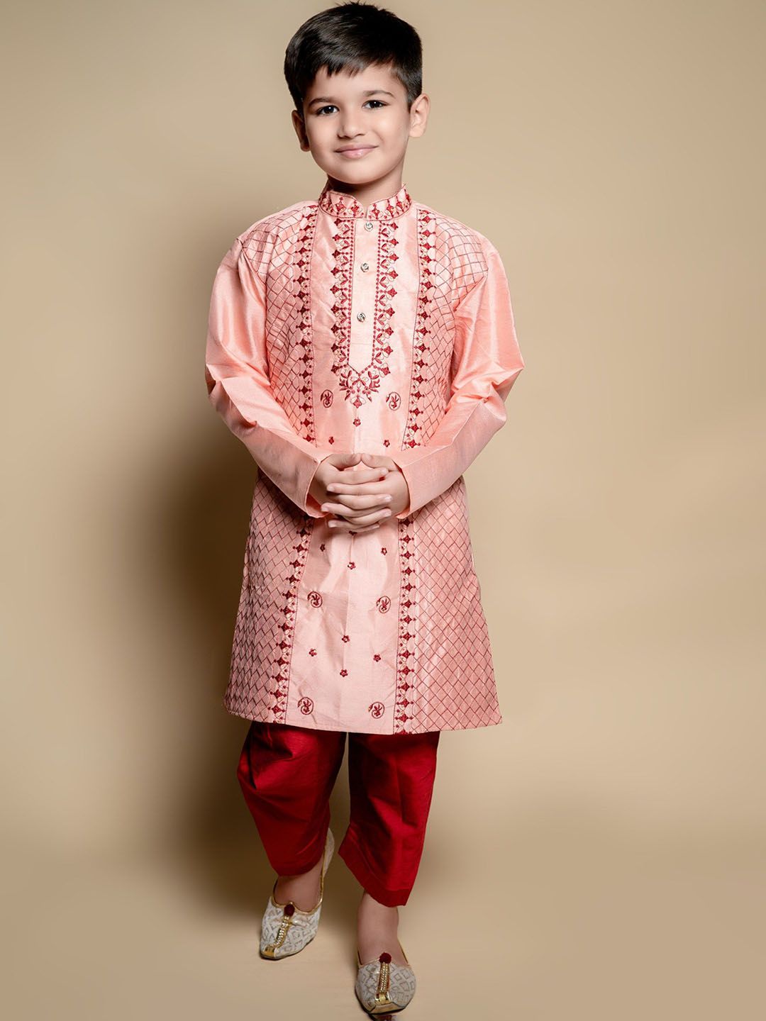 NFC CREATION Boys Ethnic Motifs Embroidered Regular Thread Work Dupion Silk Kurta with Patiala-picture-44