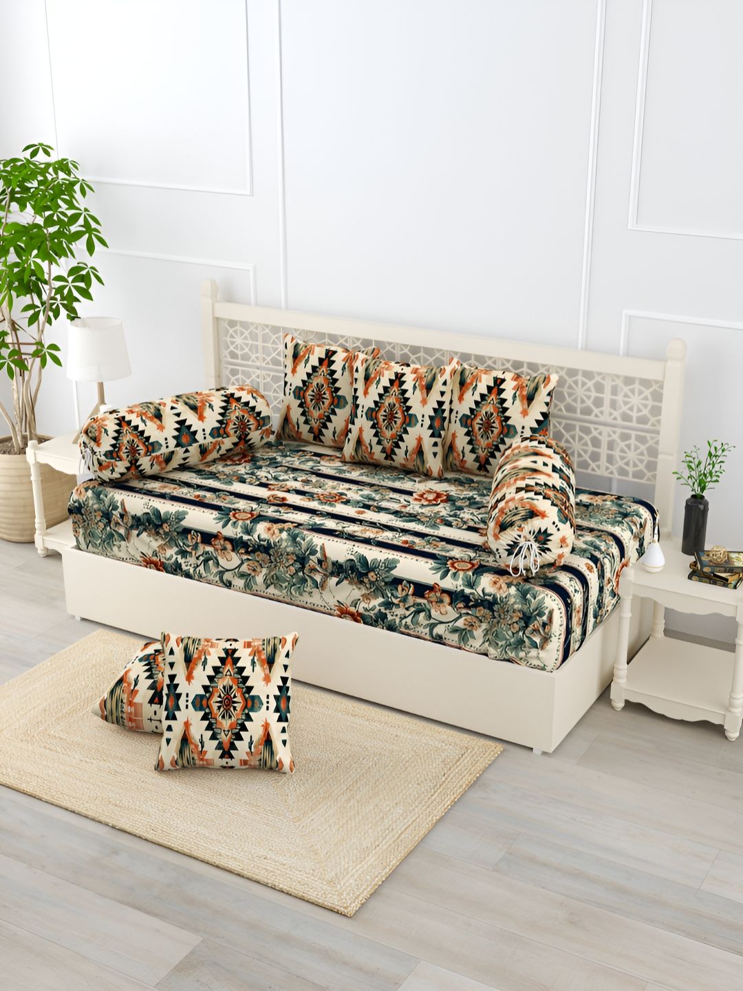 EverHOME 8Pcs Off White & Green Floral Printed Cotton Diwan Set-image-21