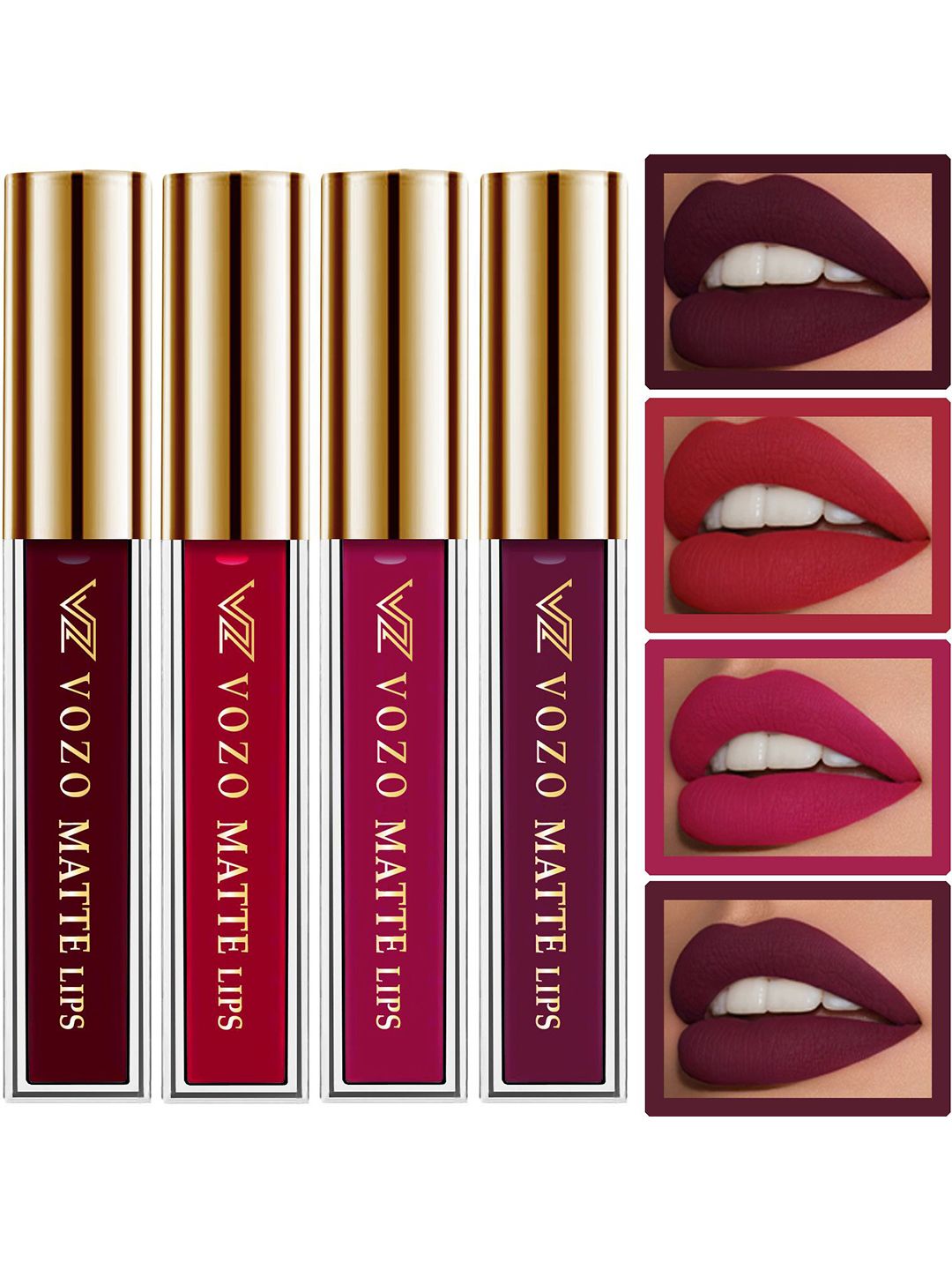 VOZO Set Of 4 Matte Lips Liquid Lipstick-  Maroon 103-Red 104-Light Magenta 106- Wine 201-image-40