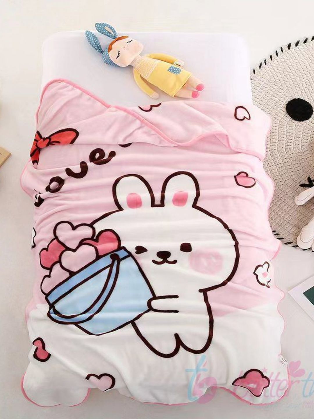 Butterthief Pink & Blue Cartoon Characters AC Room 210 GSM Single Bed Blanket-picture-16