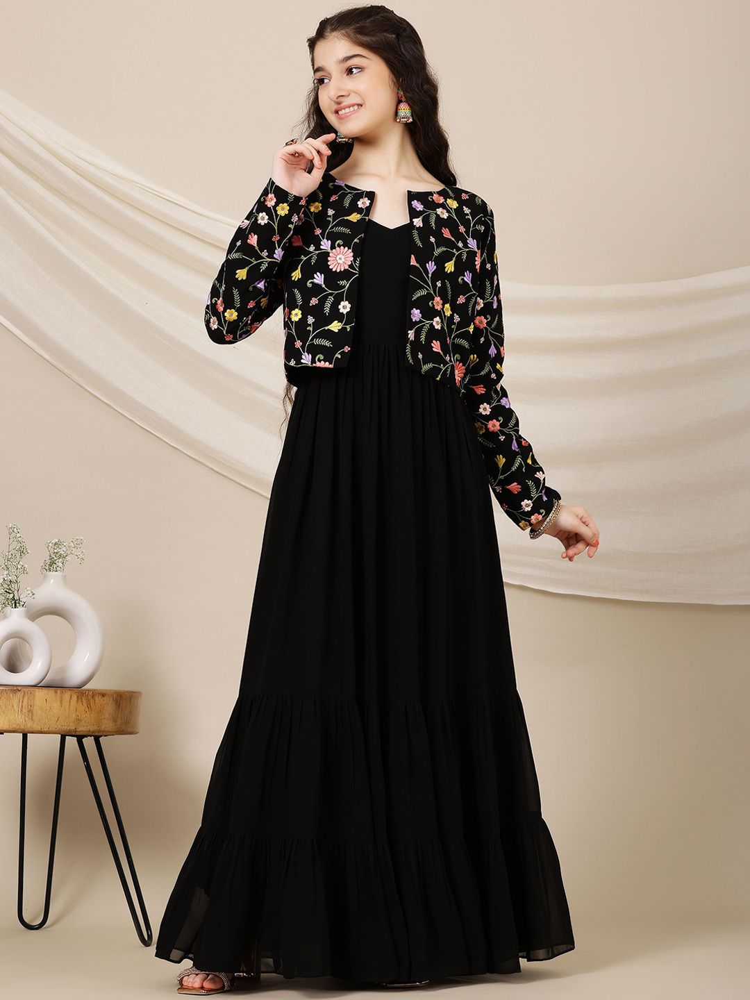 Inddus Girls Embroidered A-Line Maxi Ethnic Dress With Jacket-picture-38