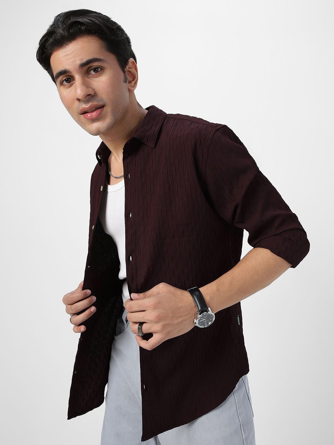 Urbano Fashion Men Spread Collar Textured Cotton Casual Shirt-picture-15