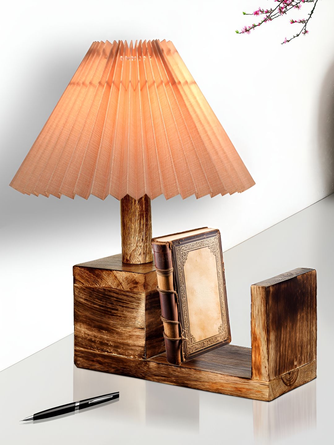 Homesake Beige Textured Wood Industrial Frusturical Shaped Table Lamp with Bulb-picture-49