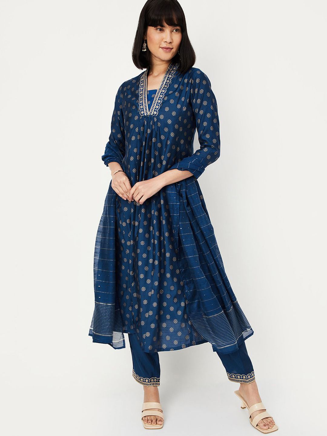 Women White Printed A-Line Kurta Trousers With Dupatta Set