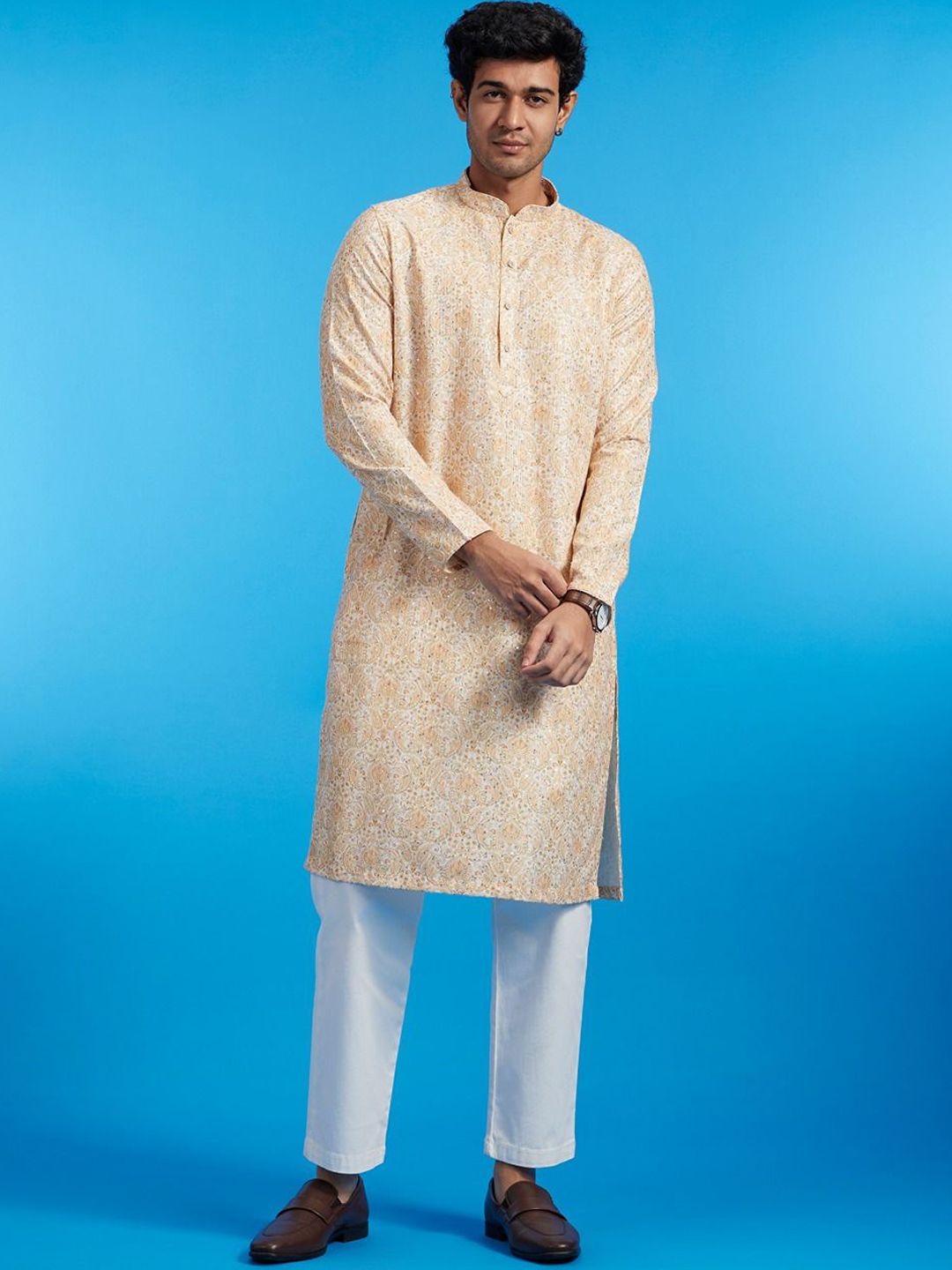 Diwas by Manyavar Paisley Embroidered Mandarin Collar Sequinned Straight Kurta
