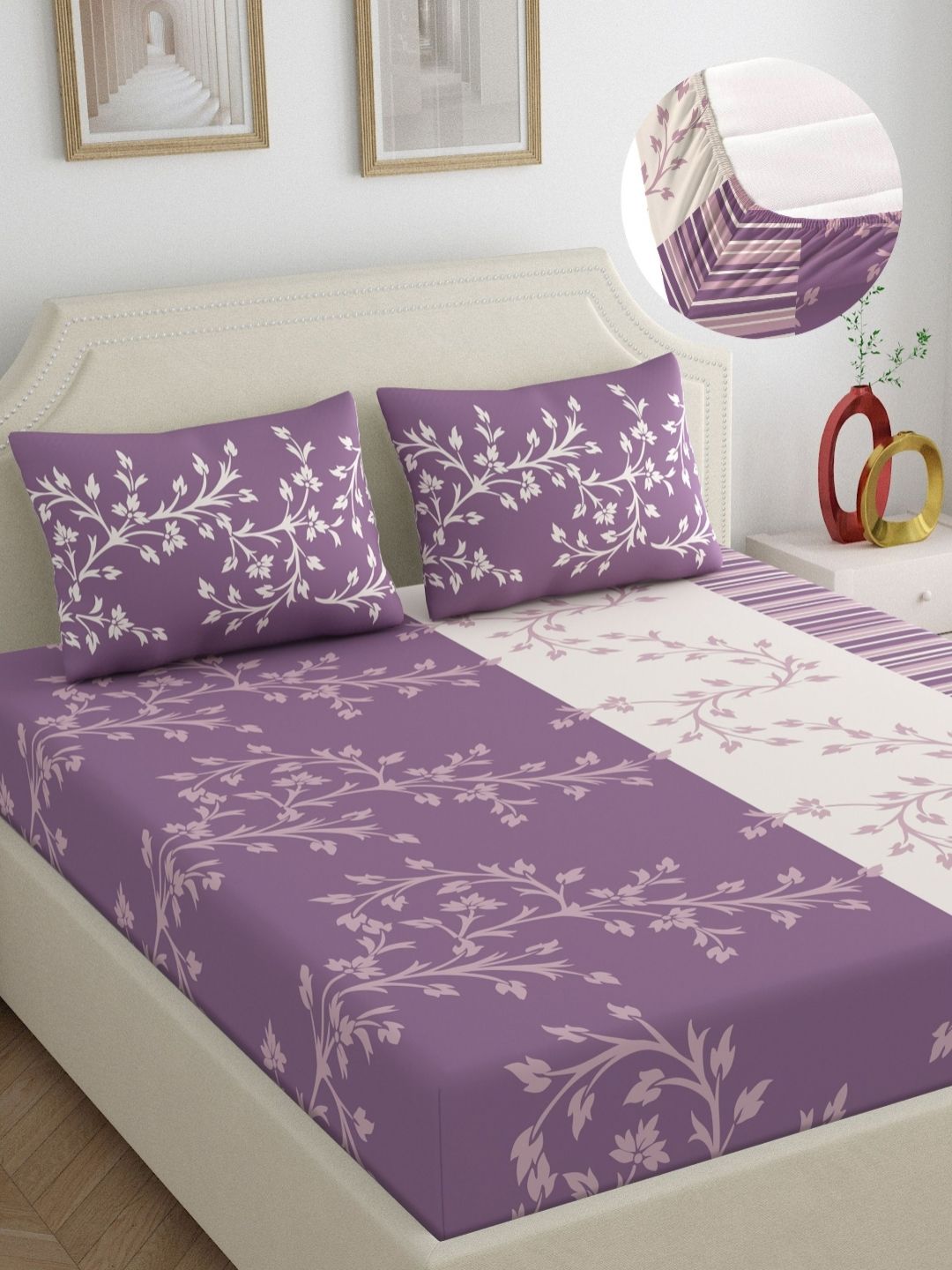 Dreamscape Purple & Off White Floral 140 TC King Bedsheet with 2 Pillow Covers-image-40