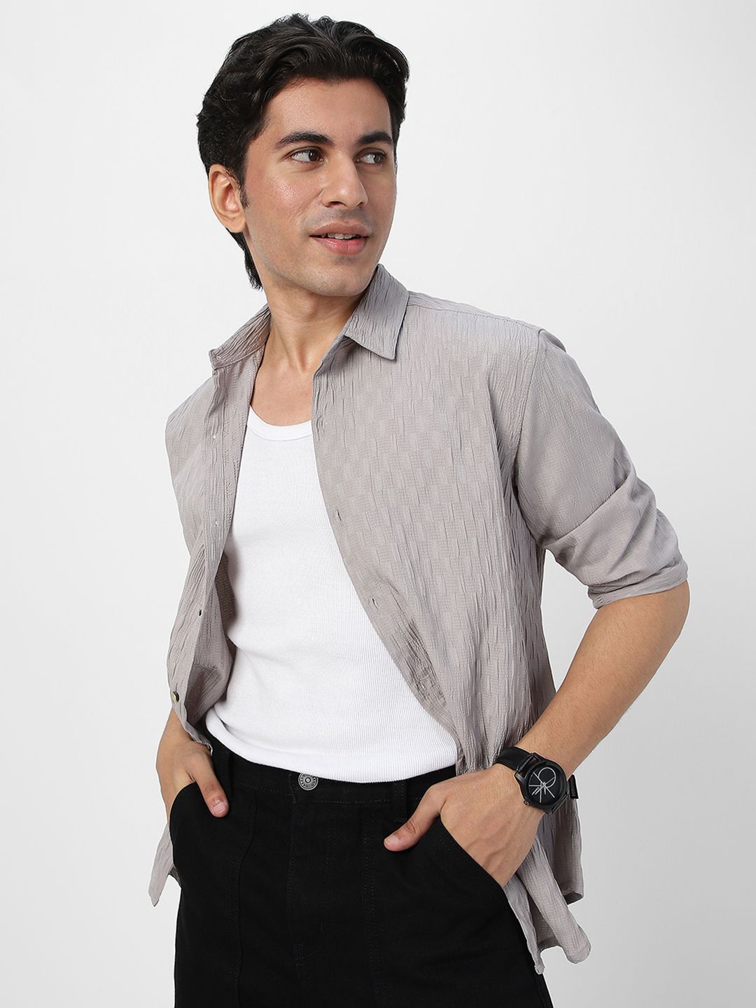 Urbano Fashion Men Spread Collar Textured Cotton Casual Shirt-picture-19