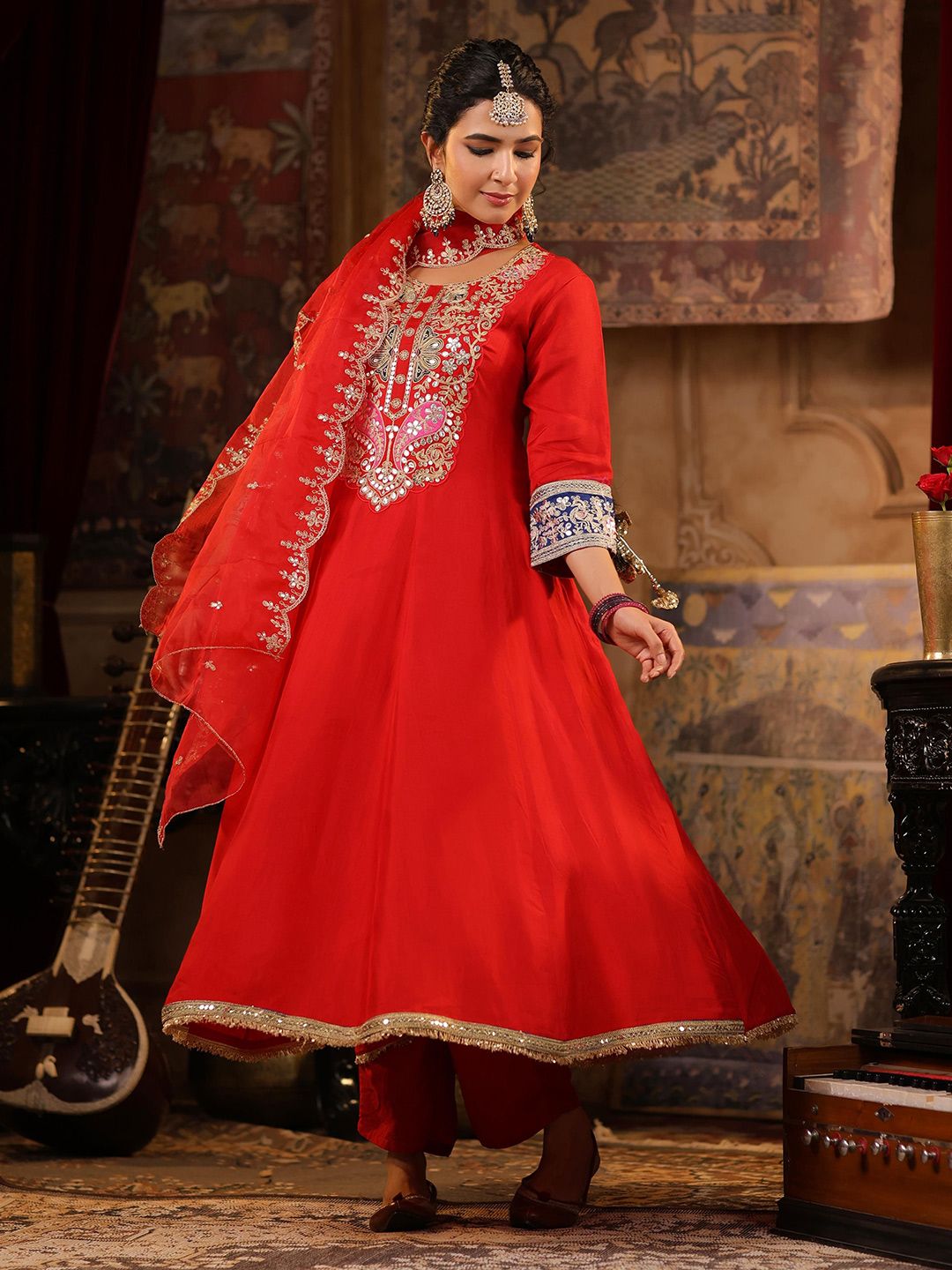 Vishudh Red Ethnic Motifs Embroidered Sequinned Straight Kurta With Trousers & Dupatta main image 0