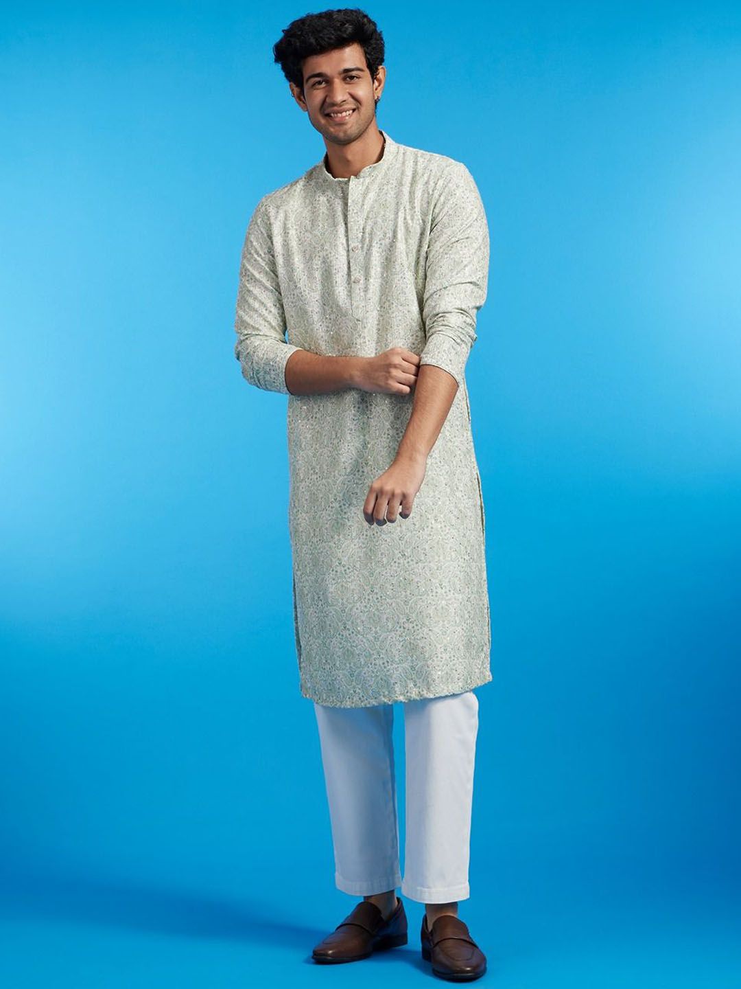 Diwas by Manyavar Ethnic Motifs Printed & Sequinned Mandarin Collar Cotton Straight Kurta-picture-15
