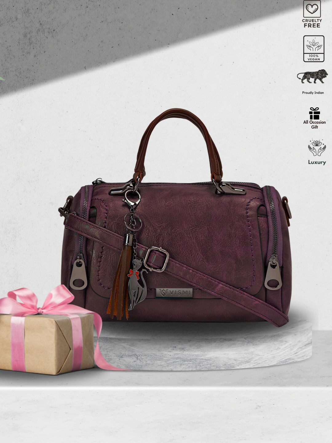VISMIINTREND Textured Wine Vegan Leather Handbag with Belt-picture-31