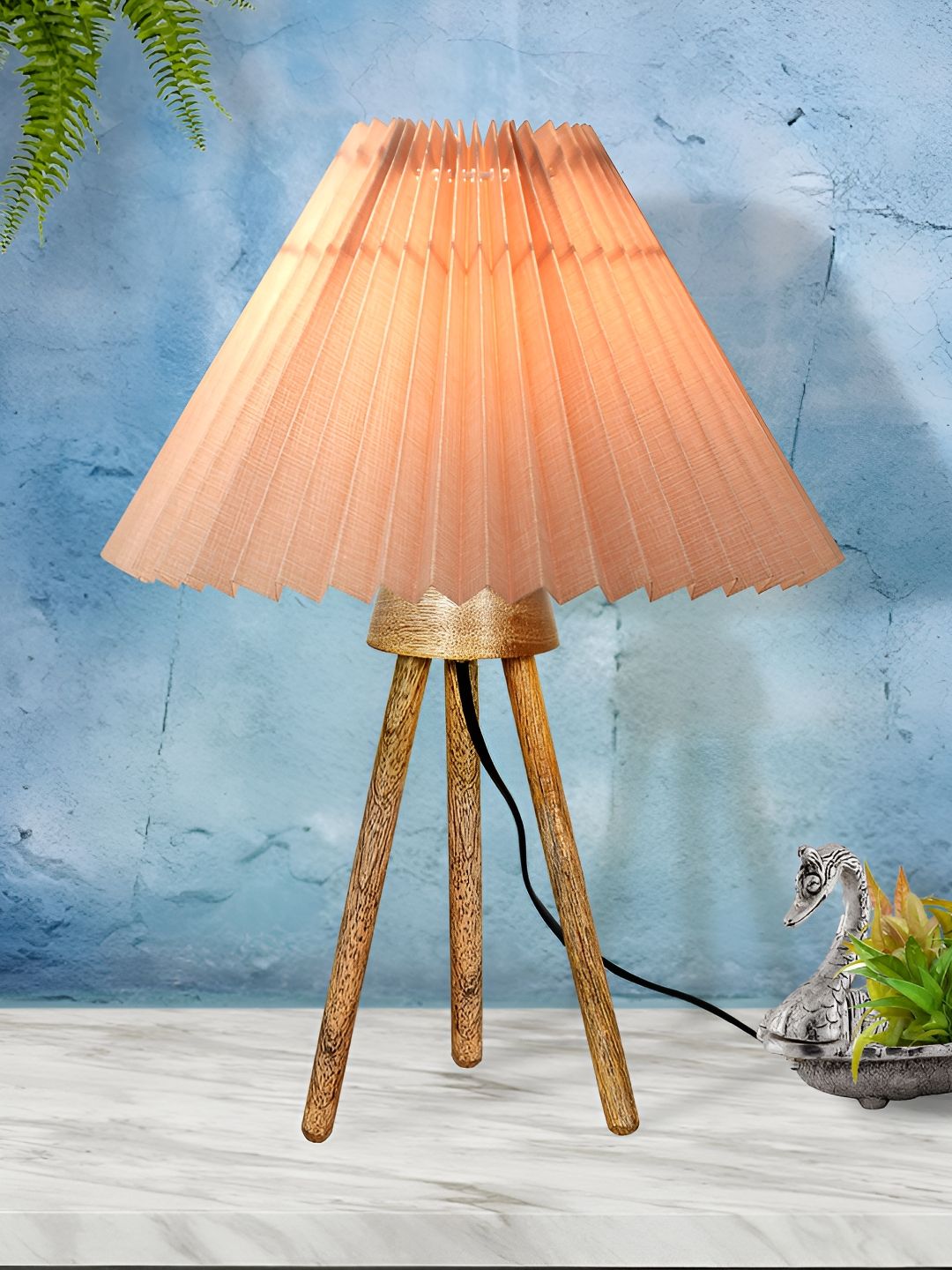 Homesake Beige Textured Wood Industrial Frusturical Shaped Table Lamp with Bulb-image-42