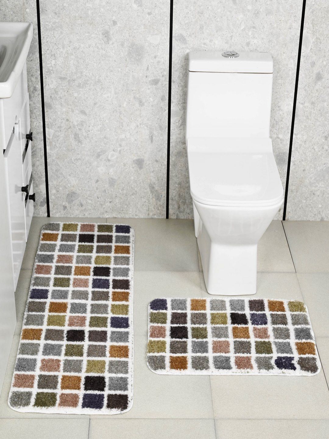 Saral Home 2 Pcs Grey & Brown Mosaic Print Anti Skid Bath Runner-picture-52