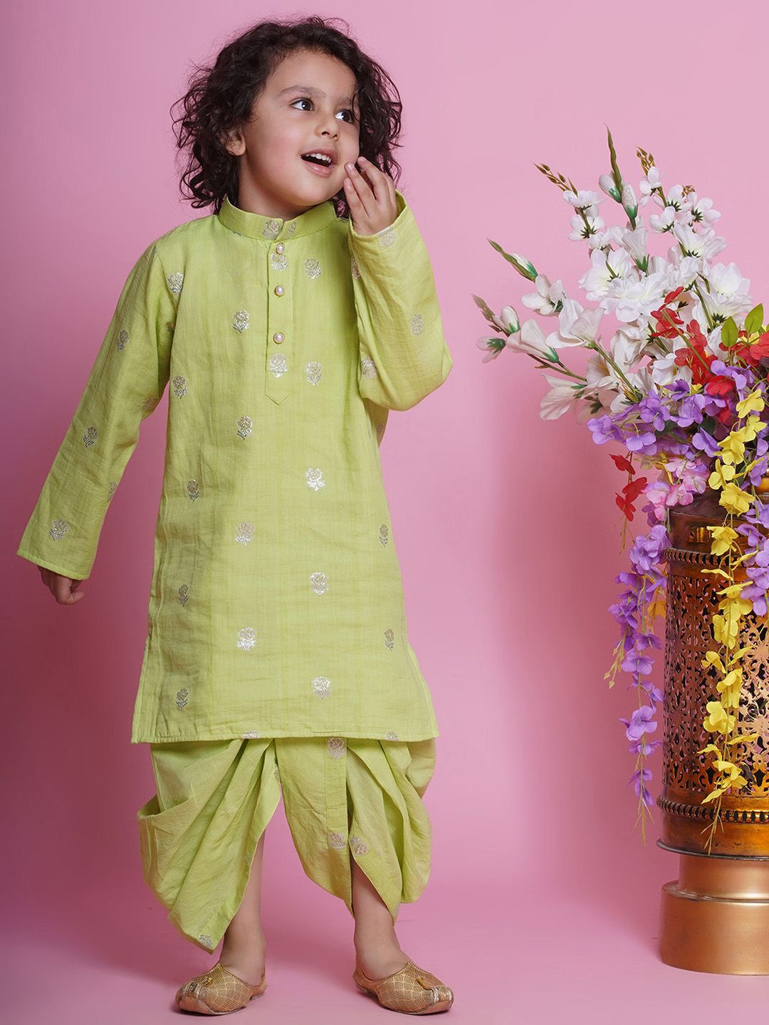 Little Bansi Boys Floral Embroidered Mandarin Collar Cotton Silk Kurta With Dhoti Pants-picture-39