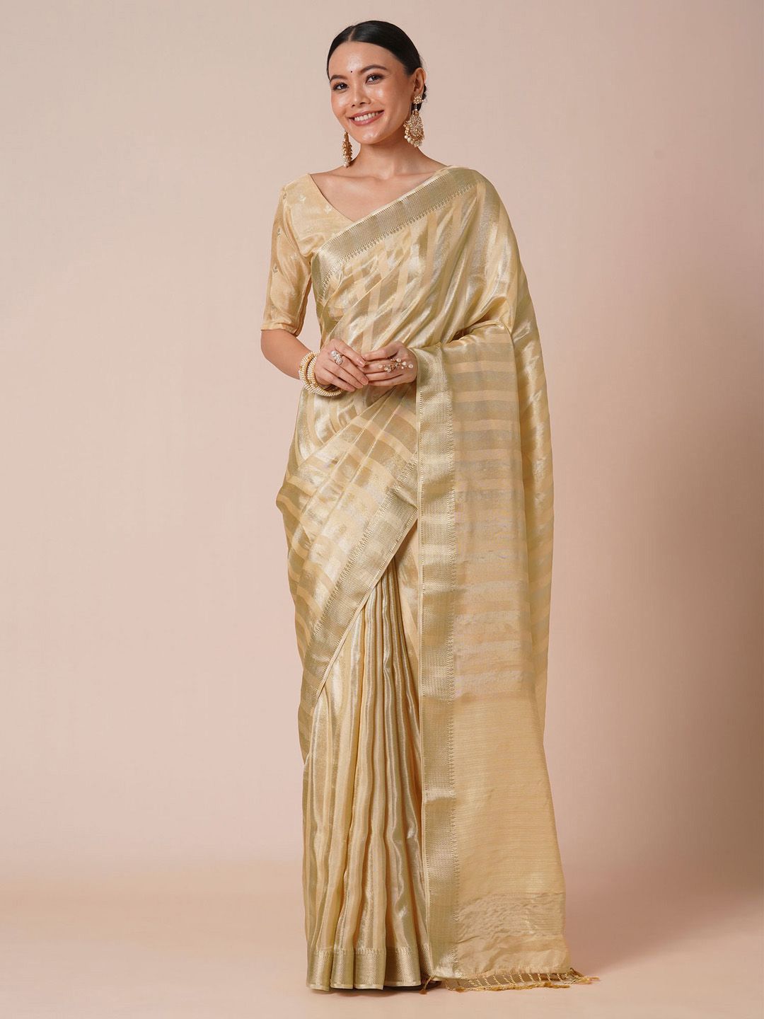 Coral Banarasi Floral & Striped Zari Woven Traditional Silk Saree main image 0