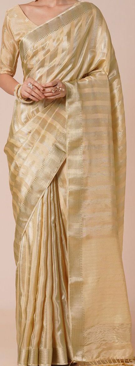 Cream Modal Silk Saree With Golden zari striped