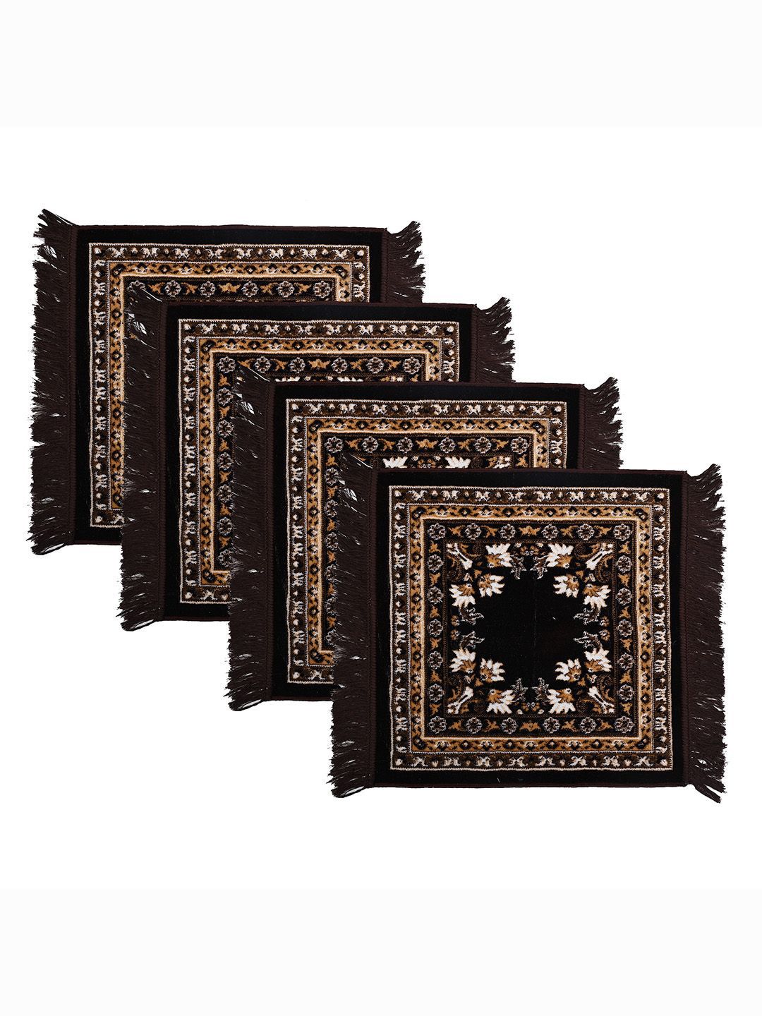 Kuber Industries Black & Brown 4 Pieces Floral Printed Velvet Pooja Mats-picture-36